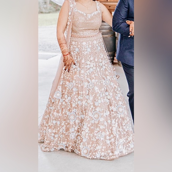 Nude Champagne Bridal Reception Lehenga 3DPearl/Beadwork - Picture 4 of 4